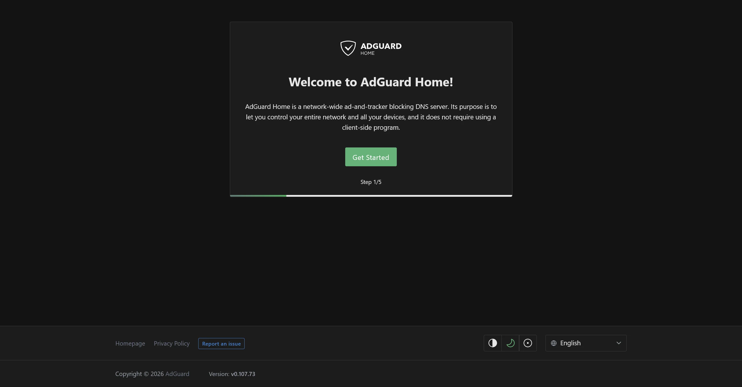 Welcome screen for AdGuard Home setup guide, showing the initial welcome message and "Get Started" button.